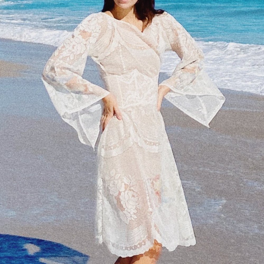 Vintage White Lace Sheer Bell Sleeve Floral Hippie Midi Dress - Picture 4 of 12
